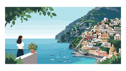 Naklejka premium Woman enjoys scenic view of colorful Italian coastal town from balcony overlooking the sea