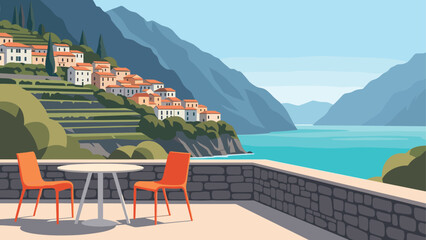 Naklejka premium Idyllic Italian village nestled on terraced hillsides overlooking a serene turquoise lake