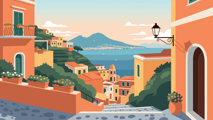 Naklejka premium Charming Italian coastal village with colorful buildings and a view of Mount Vesuvius