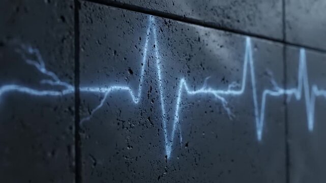 Glowing blue ECG line on a wet dark wall background