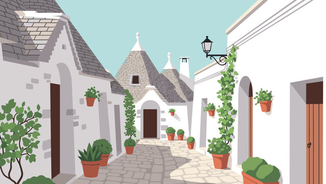 Charming Italian village street with iconic trulli houses and potted plants