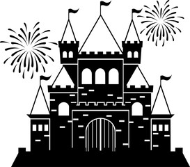 Naklejka premium Castle silhouette celebrating with fireworks and flags