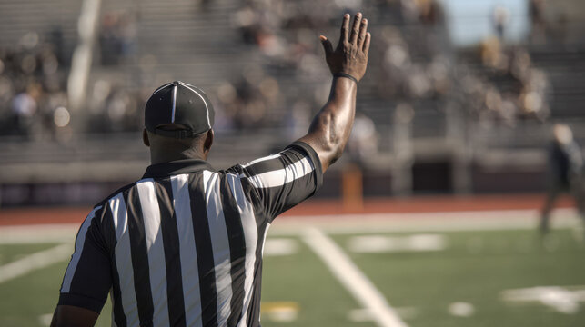 Referee signals during a football game at a high school stadium in the afternoon
