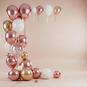 Realistic soft beige gradient party backdrop with shiny rose gold white and champagne balloons corner balloon backdrop decoration celebration party background birthday design holiday balloons happy fe