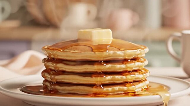 Whimsical self flipping pancakes floating and landing in cozy cinematic loop