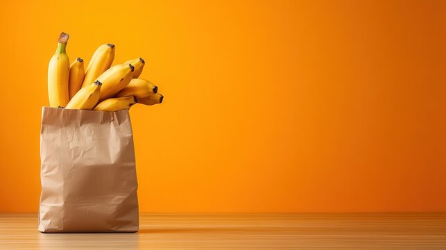 A simple brown paper bag filled to the brim with ripe bananas sits on a wooden table, representing natural foods, healthy living, and the beauty of everyday objects.