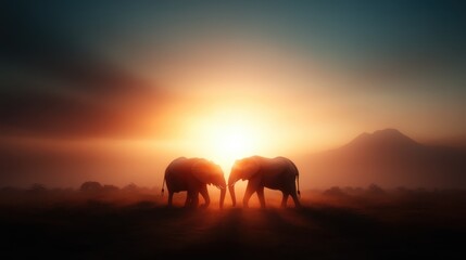 Fototapeta premium Two elephants stand gracefully against a stunning sunrise, surrounded by misty landscapes. This serene scene captures the beauty of nature and wildlife in perfect harmony.