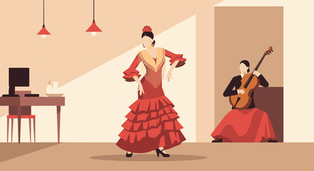 Flamenco dancer in red dress performs with cellist in a minimalist Spanish cultural scene