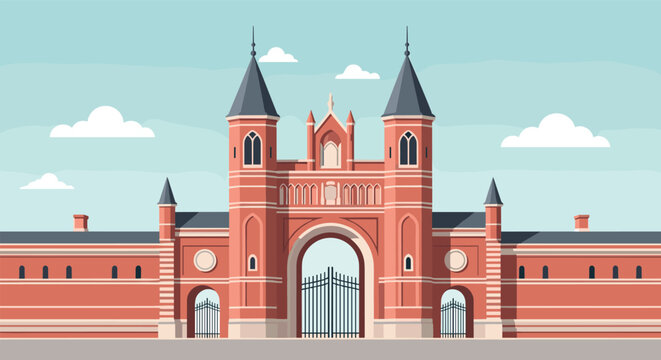 Ornate red brick gatehouse with towers and arched entrance under a cloudy sky