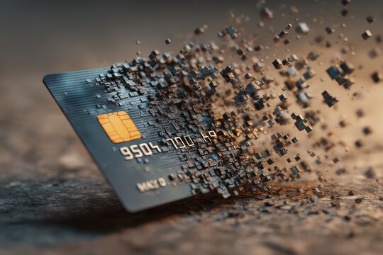 A credit card dissolving into pixels, digital payment transformation concept