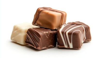 Obraz premium A delightful assortment of rich chocolate confections showcasing dark, milk, and white chocolates, perfect for sweet lovers and chocolate enthusiasts alike.