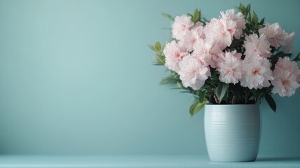 Fototapeta premium A beautiful arrangement of pink flowers elegantly displayed in a white vase, set against a soft blue backdrop, conveying freshness and the joy of nature indoors in any setting.