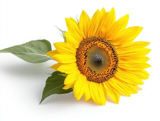 Naklejka premium Bright Yellow Sunflower with Green Leaves on White Background sunflower bright flower bloom petals