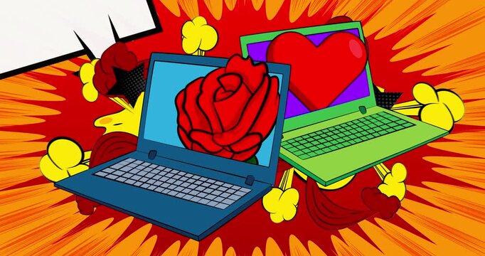 Cartoon Laptop, comic book Notebook with Red Heart and Rose. Retro cartoon comics pop art animation.