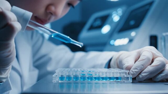 Scientist Pipetting Blue Liquid into Microplate in Modern Laboratory