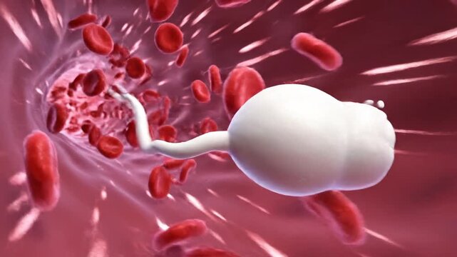 Smiling cartoon sperm cell swimming inside blood vessel with red blood cells