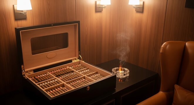 Luxury cigar humidor with smoking ashtray in wood-paneled lounge