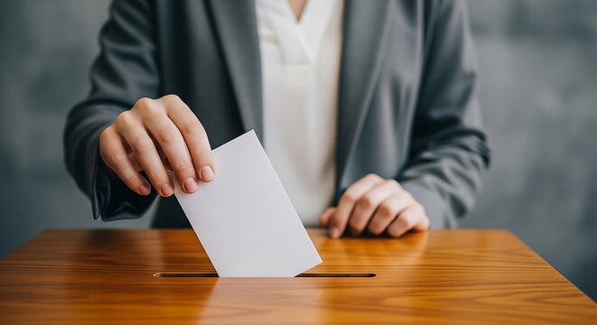Woman in gray blazer putting white paper in wooden ballot box slot  voting process