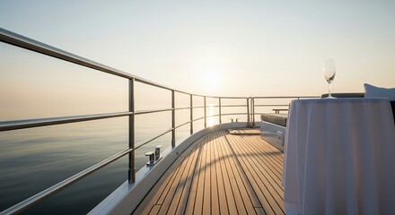 Fototapeta premium Luxury yacht deck at sunset with elegant table and wine glass
