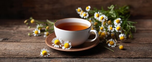 Elegant tea cup with fragrant herbal infusion nestled among vibrant dried chamomile flowers on rustic wood.