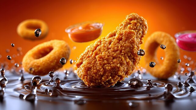 Crispy Fried Chicken and Onion Rings with Soda Splash on Orange