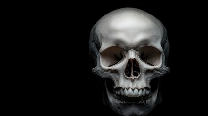 Obraz premium A hyper-realistic skull displayed prominently against a black background, capturing the anatomy and structure, making it ideal for concepts of mortality and philosophy.