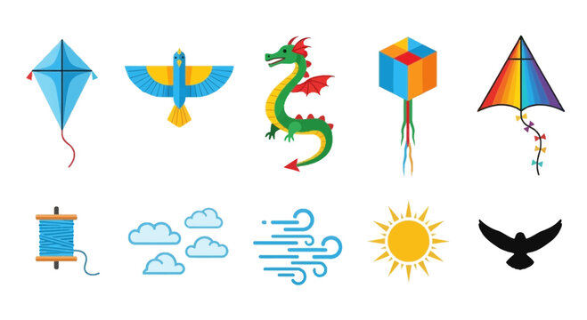 Top and bottom rows of five flat vector icons related to kites and weather