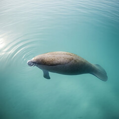 Obraz premium Gentle manatee glides through pristine turquoise waters, a serene aquatic spectacle