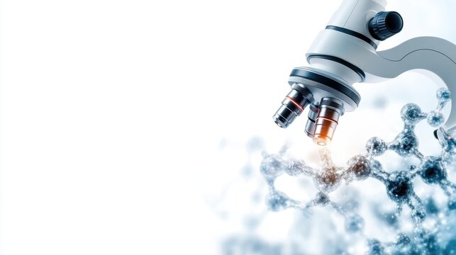 A modern microscope is highlighted against a bright backdrop, symbolizing scientific exploration and discovery within the microscopic world of molecules and atoms.