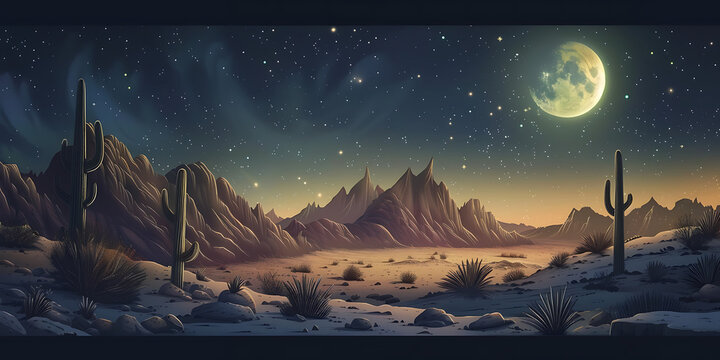 Moonlit Desert Night with Stars and Cacti