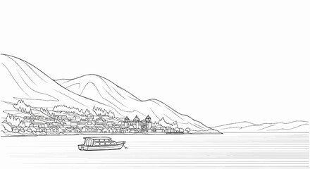 A scenic shoreline town nestled at the base of rolling hills, with a boat on the water