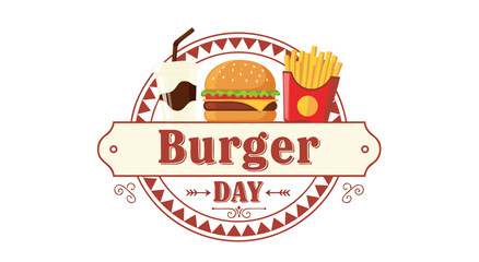 Burger Day vector illustration of burger, fries, and drink for fast food celebration