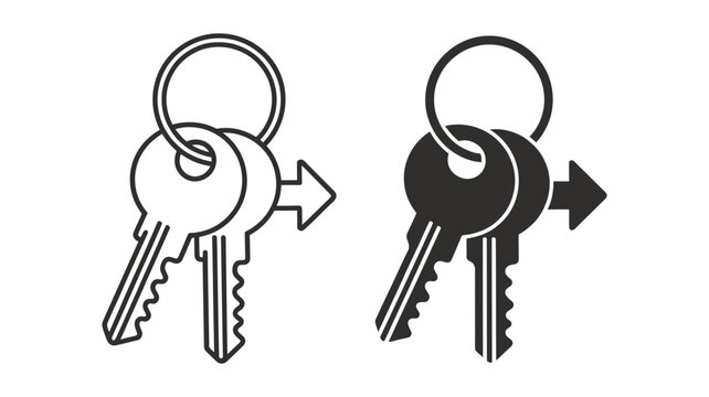 Black and white line and silhouette icons of house keys on a ring with an arrow pointing right