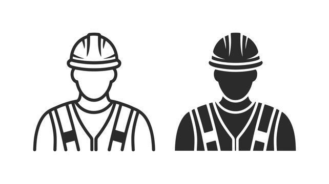 Construction worker icons with a person wearing a hard hat and safety vest in line and solid styles.