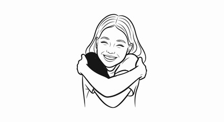A line-art illustration of a beaming young woman embracing herself with joy