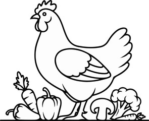 Obraz premium A hen stands proudly amidst a vibrant assortment of fresh garden vegetables