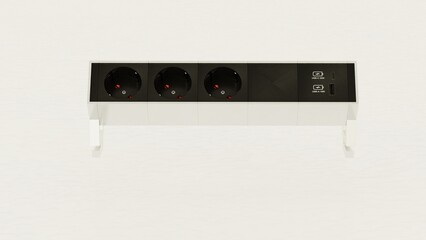 Obraz premium Modern wall socket connection panel featuring USB-A and USB-C fast charging ports. Sleek electrical outlet design for smart home, office interior, and mobile device power charging.