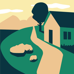 Peaceful Countryside Landscape with House, Path, Tree, and Mountains. Stock Illustration