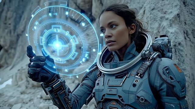 Futuristic female explorer interacts with holographic technology on alien planet
