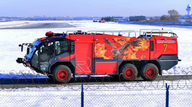 Warsaw, Poland. 3 February 2026. Chopin airport fire brigade. Rosenbauer Panther 6x6 fire truck