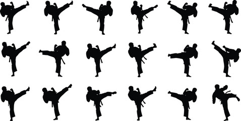Karate martial arts silhouette vector illustration set, black fighter kicking poses isolated, taekwondo training action icons, combat sport design elements for gym branding. © MdAzizulHaque