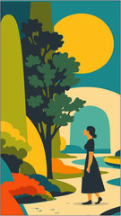 Obraz premium Modern Flat Landscape Illustration with Woman Walking in Nature – Minimal Retro Travel Poster Style Background