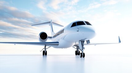 Obraz premium A sophisticated private jet stands confidently on a bright sky backdrop, highlighting its sleek lines and modern design, symbolizing luxury and adventure in aviation.