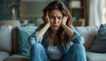 Obraz premium Distressed young woman on couch, hands on head, eyes closed, appearing stressed or sad