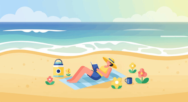 A person reads a book on a beach blanket by the ocean