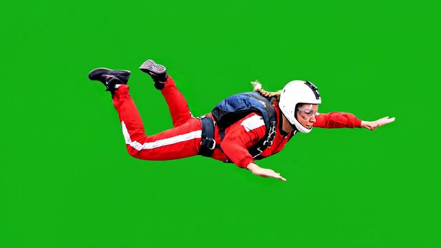Woman skydiving with red jumpsuit and white helmet in mid-air