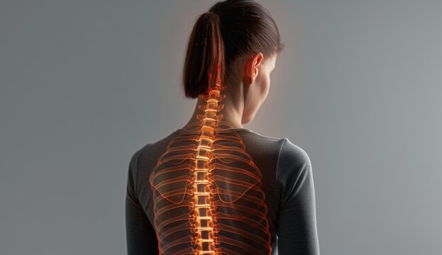 Woman's back showing glowing, inflamed spine and rib cage with pain visualization