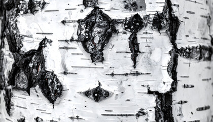 Abstract close up of birch tree bark featuring black and white graphic patterns with rough textures and a natural contrast generative AI