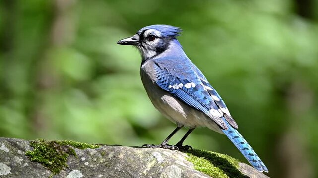 Blue jay perched on a mossy rock with a blurred green background