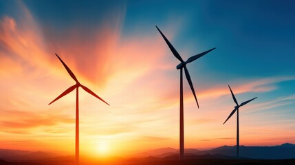 Fototapeta premium Silhouettes of three wind turbines standing tall against a vibrant sunset, capturing the essence of renewable energy and the beauty of nature's colorful sky at twilight.